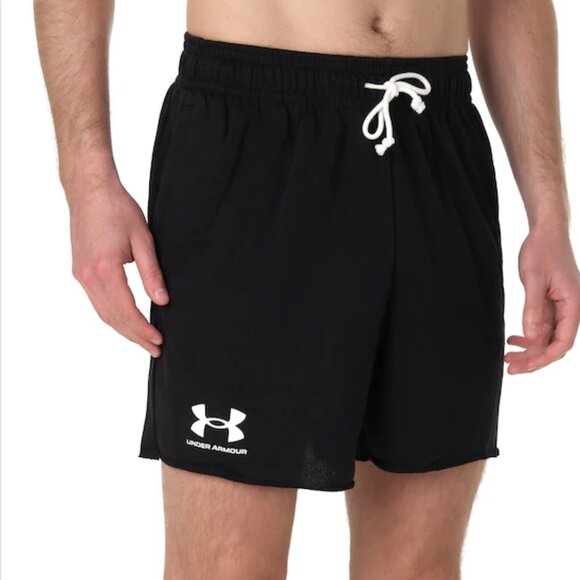 Under Armour Men's Black Rival Terry Loose Fit Drawstring 6-Inch Shorts - Picture 6 of 8